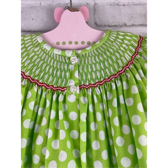 Smockadot Kids Size 3T Santa Face Embroidered on Green White Dotted Dress - Picture 3 of 8